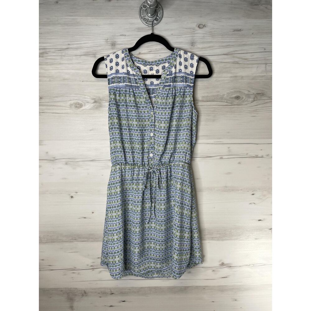 GAP Dress Womens Small Blue Floral Sleeveless Shirt Dress Henley Lined Tie Waist
